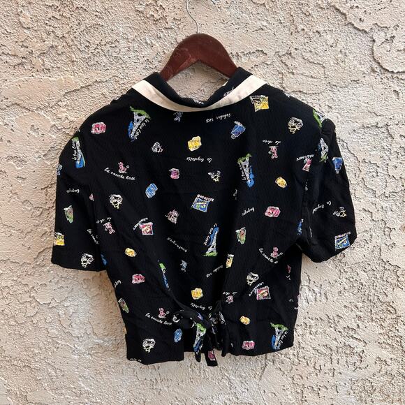 Vintage Perceptions Paris Print Blouse Eiffel Tower Cropped Button Top Size 8 - Picture 2 of 5